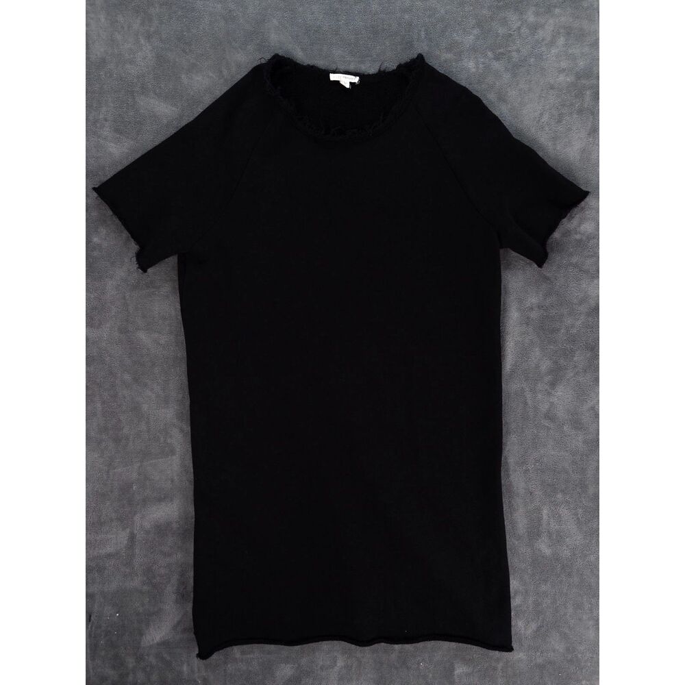 Eileen Fisher Organic Cotton French Terry Dress Black XS Raw Edge Short Sleeve